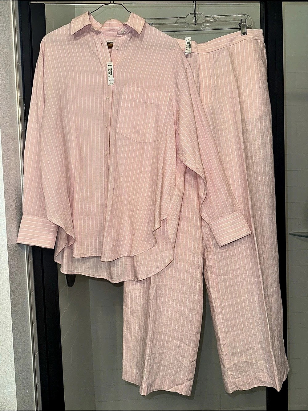 NWT Madewell The Easy Shirt & Easy Pant in Linen Blend Striped Set Pink & White